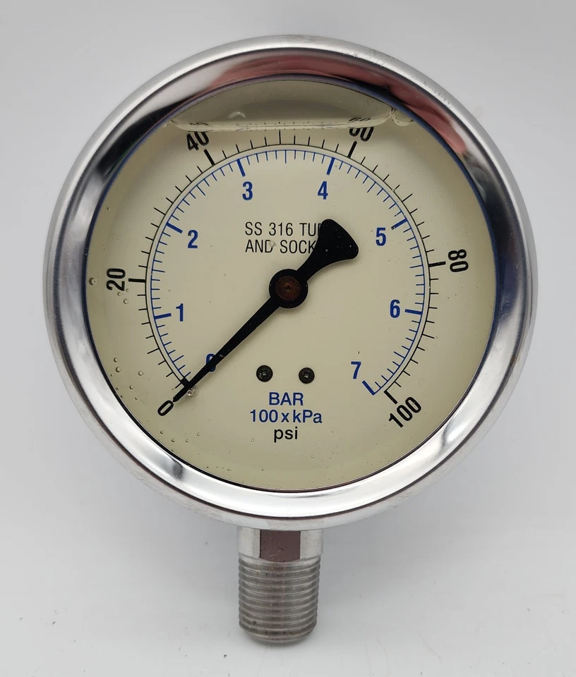 100 PSI LIQUID FILLED PRESSURE GAUGE SS 7 BAR PRESSURE GAUGE 4" FACE 3/4" NPT - Image 1 of 4