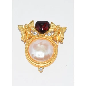 Givenchy Paris Rhinestone Faux Pearl Glass Red Heart Cherub Angel Brooch - Picture 1 of 8