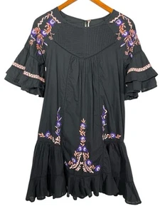 Free People Pavlo Dress Womens S Black Boho Embroidered Floral Oversized Gauze - Picture 1 of 13