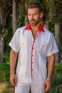 Herren 100% Leinen Guayabera Hemd Kurzarm mit Printbesatz Akzent - Bild 1 von 12