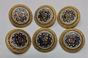 VTG ANTIQUE SET 6 BUTTONS COBALT BLUE & WHITE ENAMEL CLOISONNE CHAMPLEVE GILT? - Picture 1 of 5