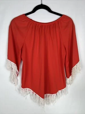 Blusa vaquera hippie vintage años 60 70 roja poliéster blanca flecos Foto 1 de 4