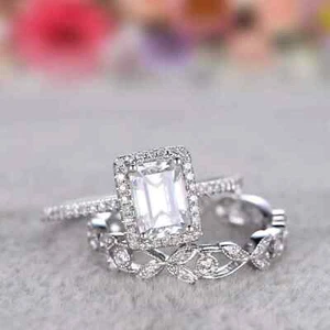 Engagement Bridal Set Ring 14K White Gold Plated Lab Created Diamond 2Ct Emerald - Picture 1 of 6