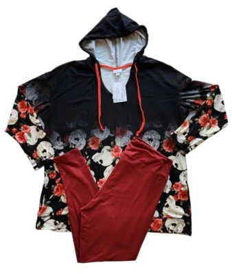 Lularoe Calavera Rosa Ombre 2XL Eliza Cuello en V Sudadera con Capucha y TC2 Rojo Sólido Leggings NUEVO Foto 1 de 4