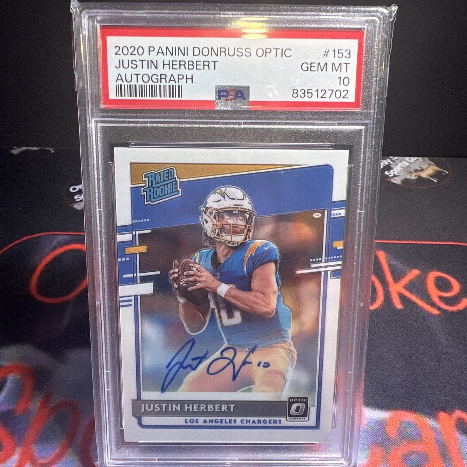 JUSTIN HERBERT PSA 10 2020 DONRUSS OPTIC #153 RATED ROOKIE AUTO CHARGERS RC /150