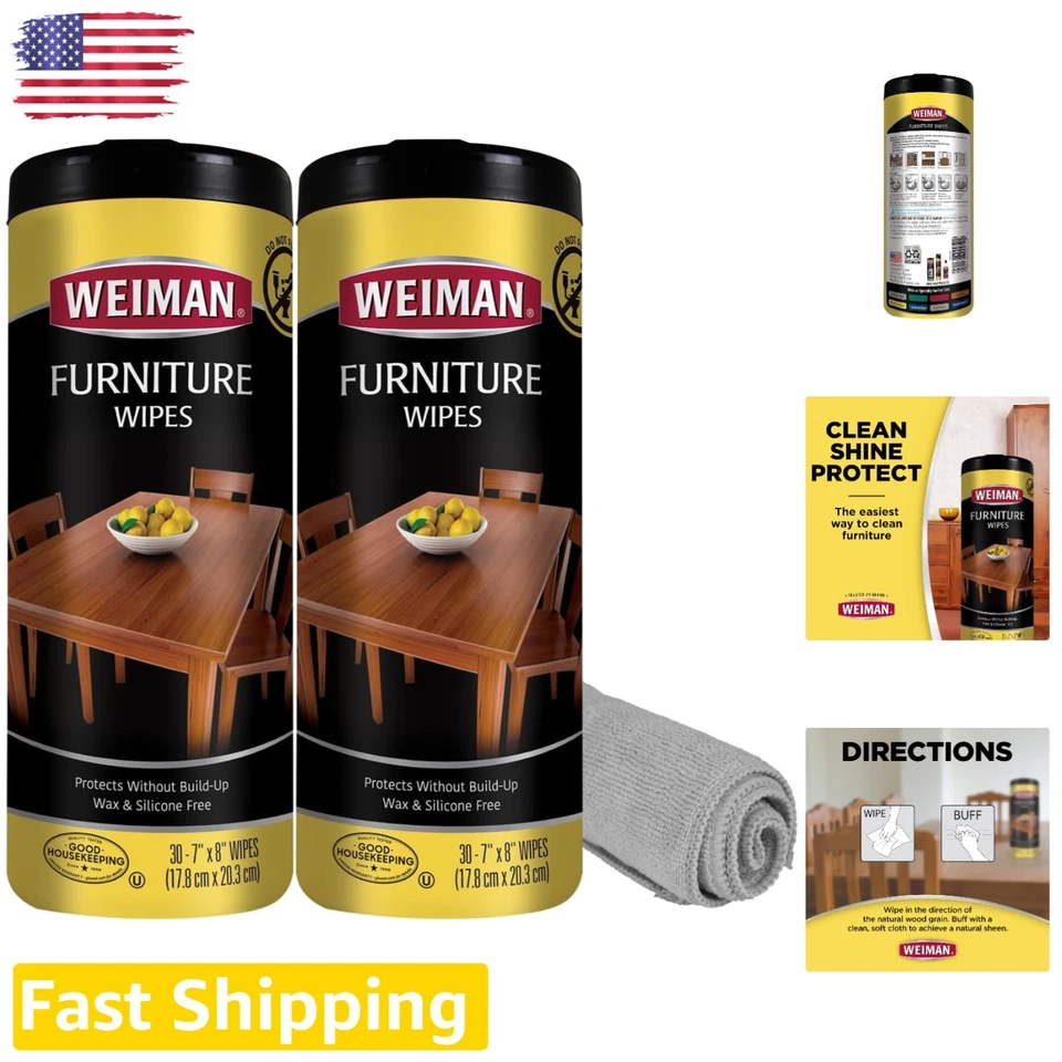 Weiman Wood Cleaner and Polish Wipes Non Toxic for Furniture Pleasant Scent 30pk