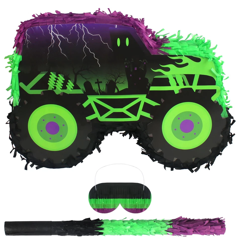Monster Truck verde y púrpura piñata coche piñata con palo y venda para... Foto 1 de 4