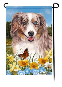 Summer Flowers Garden Flag - Red Merle American Shepherd - Picture 1 of 1