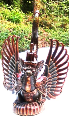 ANTIQUE BALINESE TEAK WOOD CARVED GARUDA BIRD STATUE PAINTED IN GREEN,RED,GOLD - Image 1 of 4