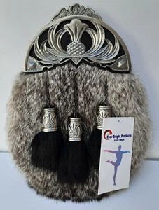 Scottish Kilt Sporran Full Dress Grey Rabbit Sporran 100%Real Leather Sporran702 - Picture 1 of 12