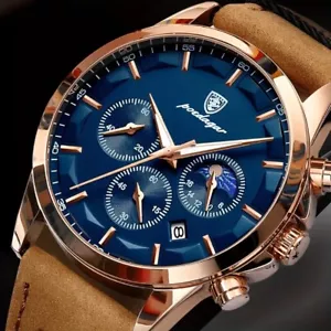 POEDAGAR Luxury Rose Watch Men Quartz Luminous Date Chronograph Men Blue Dial - Picture 1 of 4