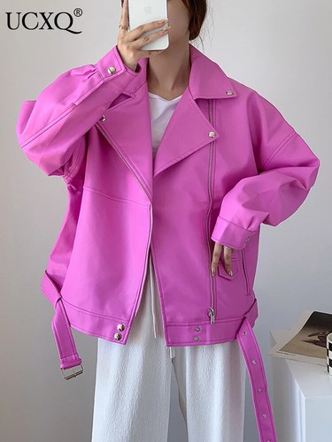 OFF WHITE Giacca pelle sciolta cerniera abbigliamento strada risvolto manica lunga donna cappotto moda