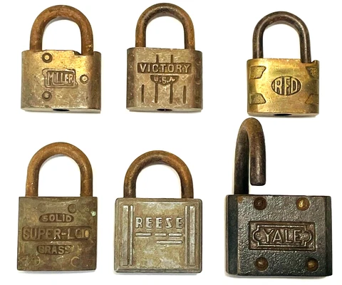 Antique Lock LOT OF 6 Brass Vintage Collectible Padlocks YALE REESE MILLER RFD Cover