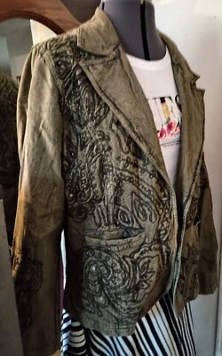 Chaqueta Blazer Coldwater Creek Mujer Verde Bordado Lentejuelas Bolsillos Talla Mediu Foto 1 de 4