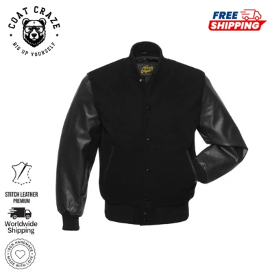 Premium Quality Men's Black Wool/black Leather Varsity Jacket with black Trim - Image 1 of 4
