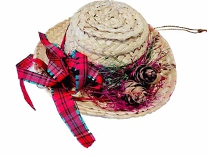 Vintage Pioneer Prairie Straw Hat Red Plaid Ribbon Pinecones Christmas Ornament - Picture 1 of 10