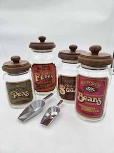 Olde Thompson Glass Jar Canister Wood Lid Vintage Set Peas Sugar Flour Storage - Picture 1 of 11