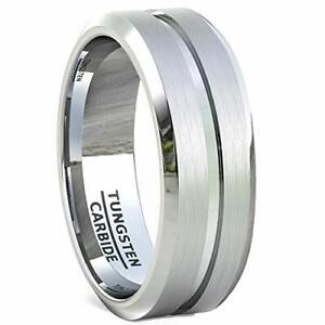 Mens Wedding Bands 8mm Tungsten Ring Brushed with Center Groove & Beveled Edges