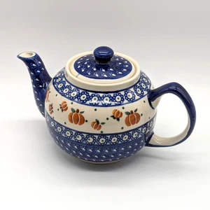Boleslawiec polnische Keramik Kürbis Teekanne blau handbemalt Steinzeug 1 Quart - Bild 1 von 7