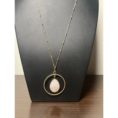Pendant Necklace Faceted Pink Rose Quartz Magnifying Glass Moonstone Gold Tone - Image 1 of 4