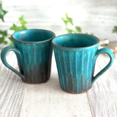 Taza de café de porcelana japonesa Mashiko Yaki Ware esmalte turquesa 2 piezas Foto 1 de 4