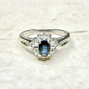 14K Natural Blue Sapphire & Diamond Halo Ring - 14K White Gold Sapphire Ring - Picture 1 of 6