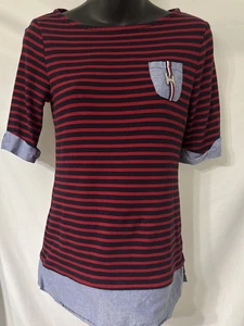 TOMMY HILFIGER Mujer Azul y Rojo Rayas Manga Corta Bolsillo Logo XS - Imagen 1 de 6
