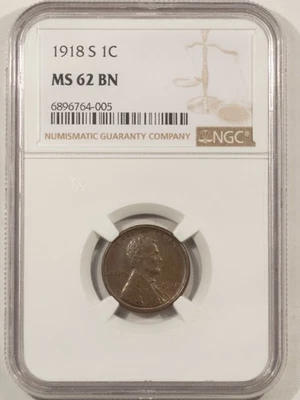 1918-S LINCOLN CENT - NGC MS-62 BN, PREMIUM QUALITY! - Image 1 of 3