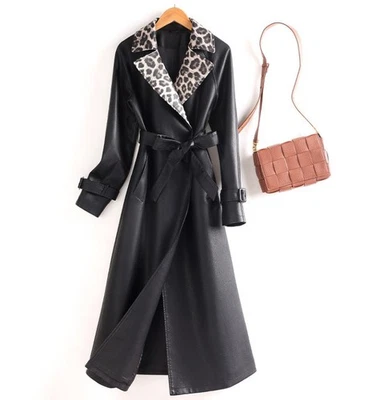 Women leather jacket leopard coat long windbreaker Lady slim outwear parkas - Image 1 of 4