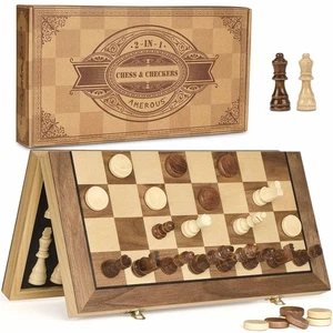 15'' Magnetic Wooden Chess & Checkers Game Set -2 Extra Queens -24 Cherkers P... - Bild 1 von 9
