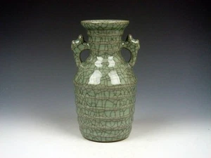Jarrón único vintage chino Crackle Celadon hecho a mano con 2 asas #01132301 - Imagen 1 de 4