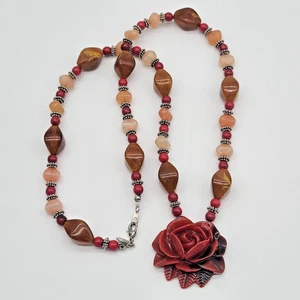 Premier Designs ROSIE Necklace Silver Faux Amber Carnelian Rosebud Pendant 25" - Picture 1 of 10