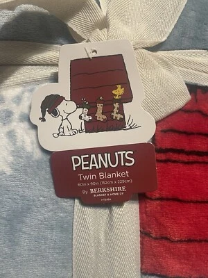 Snoopy Peanuts Light Blue Xmas Berkshire Velvet Plush Twin Blanket 60in X 90in - Image 1 of 3