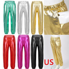 US Kids Girls Glossy Metallic High Waist Dance Pants Jazz Hip Hop Sport Trousers