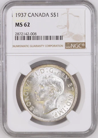 1937 KEY-DATE SILVER DOLLAR GEORGE VI S1$ CANADA KM# 37 NGC MS-62 RARE R4 Cover