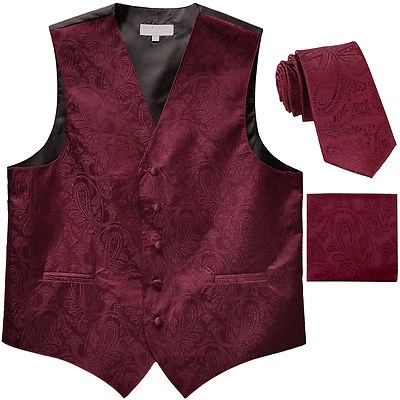 New Men's Formal Vest Tuxedo Waistcoat_2.5" necktie set paisley prom Burgundy - Image 1 of 4