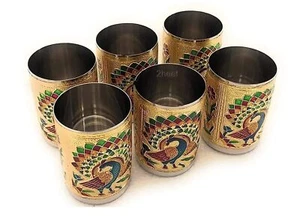 Juego de 6 vasos de diseño de pavo real Meenakari hecho a mano de 2 hojas de acero inoxidable 250 ml - Imagen 1 de 4