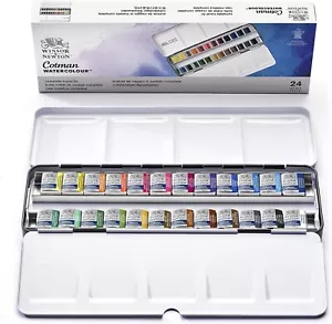 Winsor & Newton Cotman Water Colour Box-24, 24 x Half Pan Metal Sketchers - Picture 1 of 6