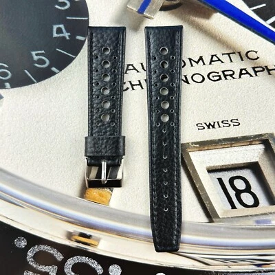 Cinturino orologio pelle nera traforata 20 mm per TAG Heuer Carrera Autavia Corfam - Immagine 1 di 4