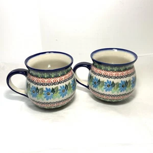 2 Stück Kalich Polnische Keramik Kaffeebecher Tasse UNIKAT 528 Blau Gänseblümchen Blumen 12 Unzen - Bild 1 von 11