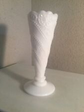 L04 L E Smith White Milk Glass Bud Vase-6.5"-Embossed Beaded Scrolls-EUC