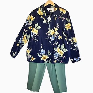 2 PC Pant Suit Short SZ 18 Blue Floral Beaded Blazer Green Pants Elastic Waist - Picture 1 of 17