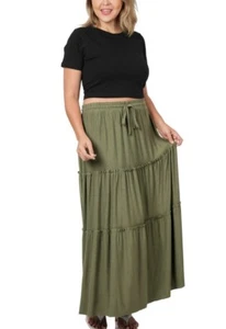 Zenana Maxi Skirt Womens Plus Size Tiered Raw Hem Drawstring Lt. Olive 1X 2X 3X - Picture 1 of 3