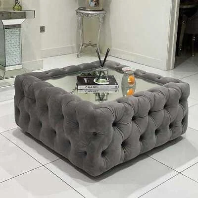 Large Square Chesterfield Glass Coffee Table Footstool Pouffe Soft Plush Velvet - Image 1 of 3