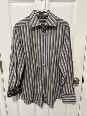 Robert  Graham Men's  XL Striped Embroidered Shirt Blue Brown Flip Cuff - Image 1 of 4