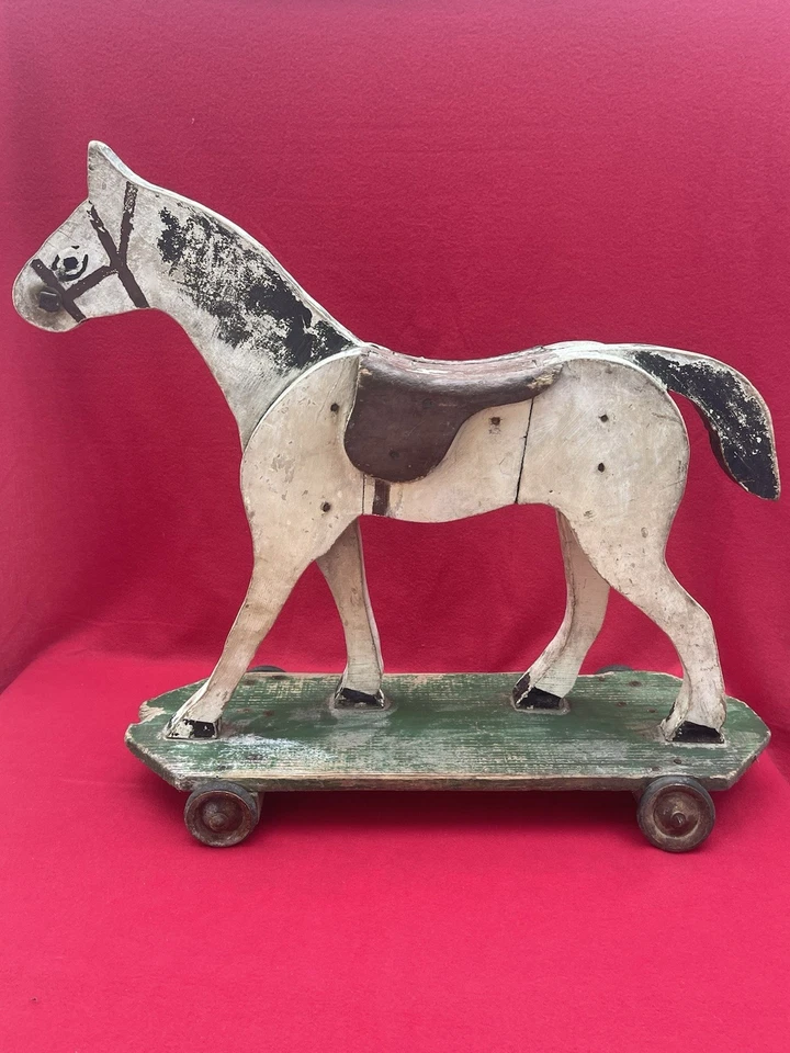 Ancien Cheval à Roulettes en Bois – Jouet d’époque de Collection XIXe / déb XXe - Photo 1/4