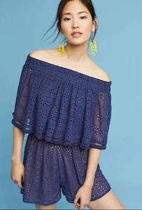 Anthropologie Ranna Gill Romper XS Blue Eyelet Off The Shoulder Beach Boho - Picture 1 of 11