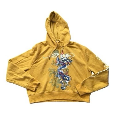 Sudadera con capucha corta Ed Hardy para mujer talla grande amarilla Foto 1 de 4
