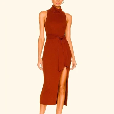 REVOLVE NBD Mock Turtleneck Midi Sweater Dress Sleeveless Belt Earthy Rust Sz M - Image 1 of 4