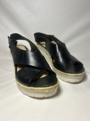 Sandali donna Clarks Palm Glow con zeppa slingback in pelle nera taglia 7 M